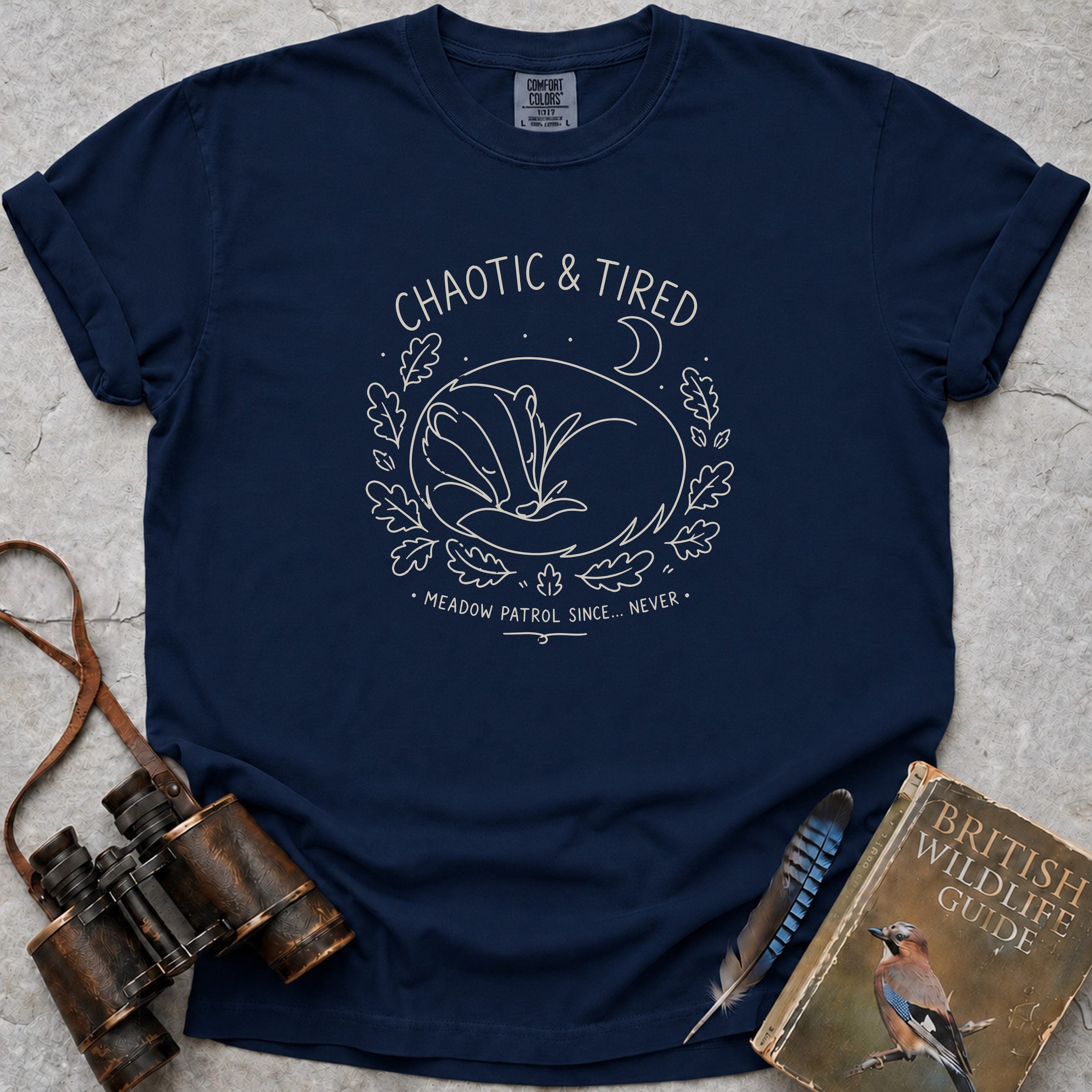 Chaotic And Tired Badger T-Shirt — true navy