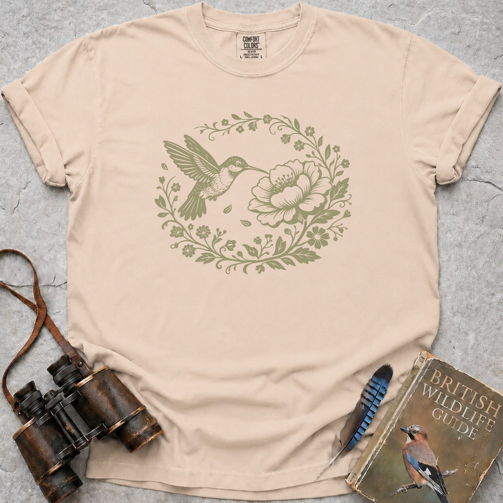 Floral Hummingbird Wreath T-Shirt — ivory