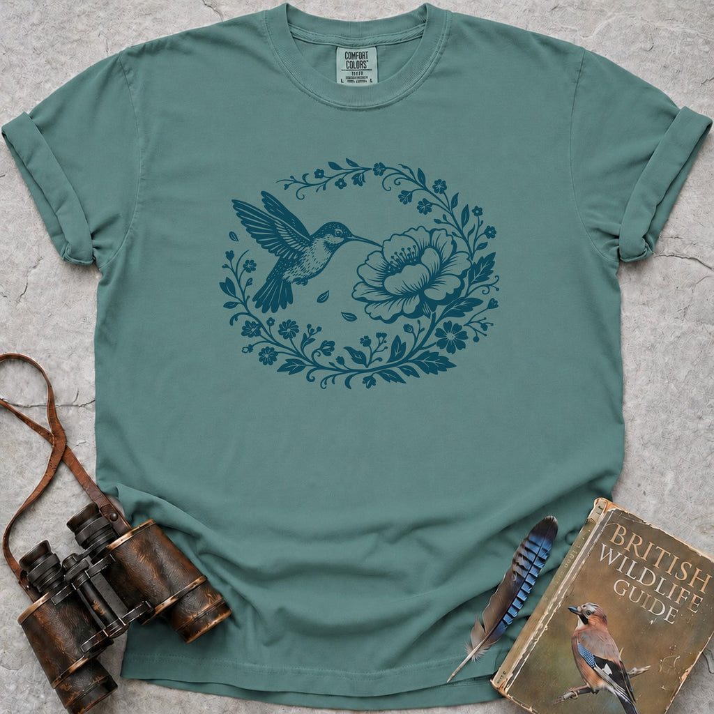 Floral Hummingbird Wreath T-Shirt — seafoam