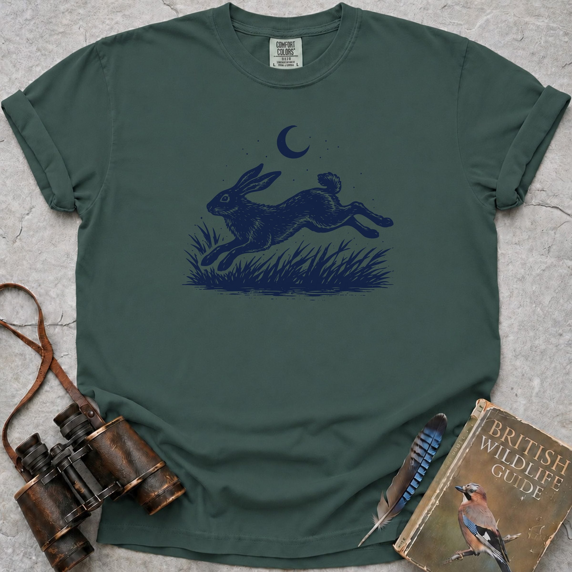 Moonlit Leaping Hare T-Shirt — blue spruce