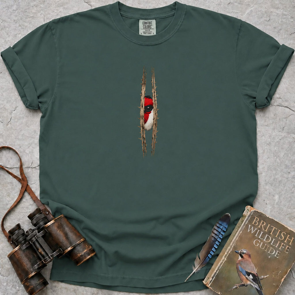 Peeping Goldfinch T-Shirt — blue spruce