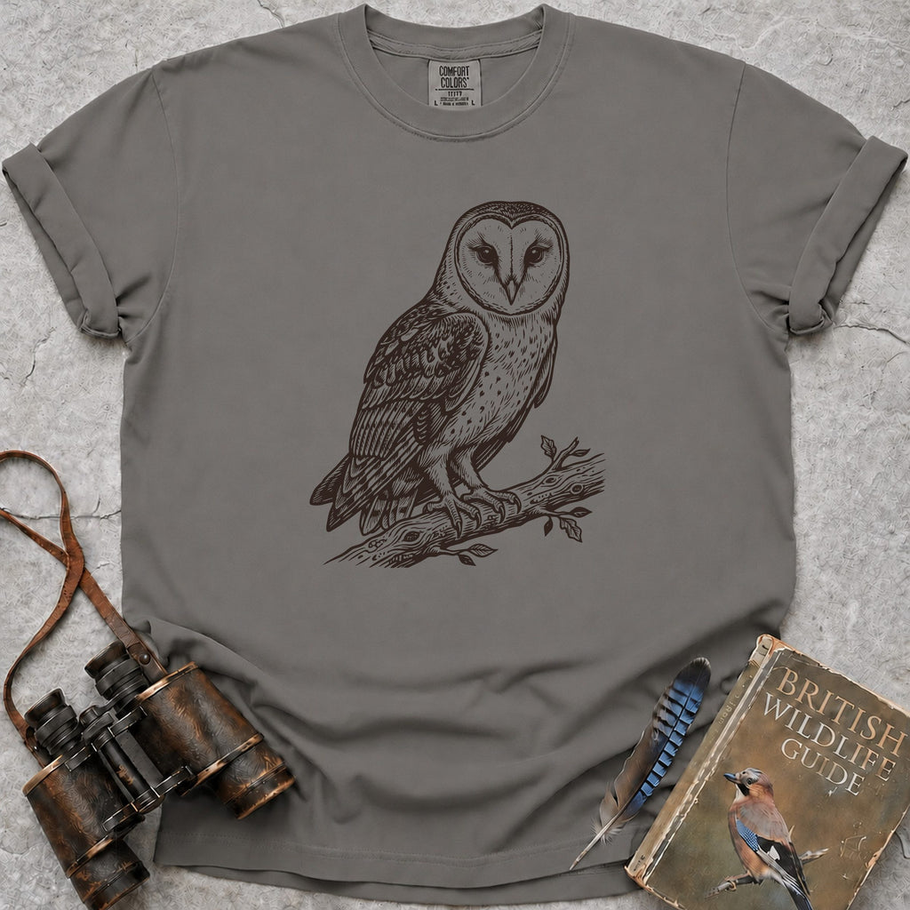 Watchful Barn Owl T-Shirt — grey