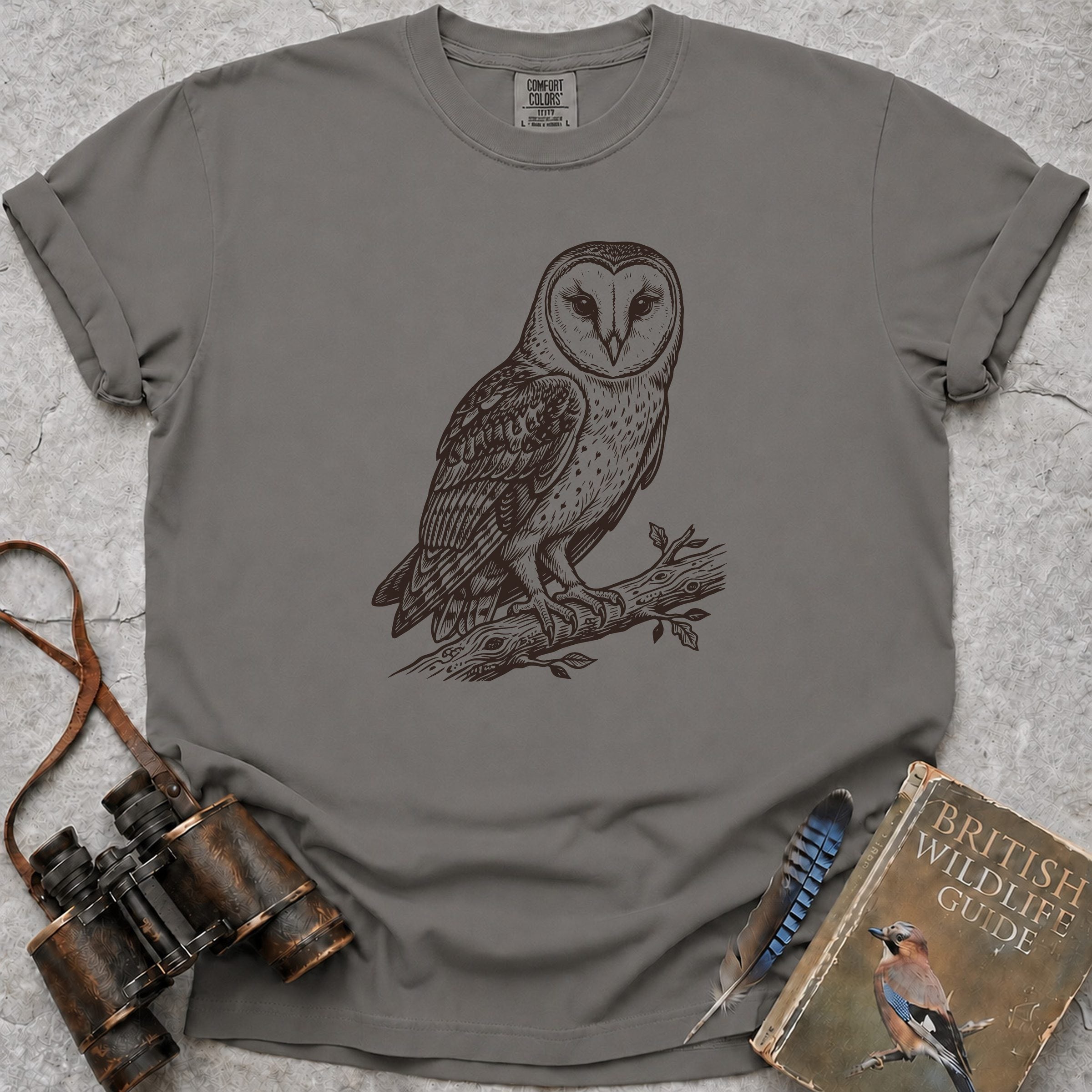 Watchful Barn Owl T-Shirt — grey